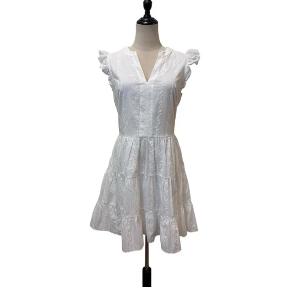 Laundry Shelli Segal White Eyelet Dress Sz 10 Tired Flutter Sleeve Graduation - Picture 1 of 7